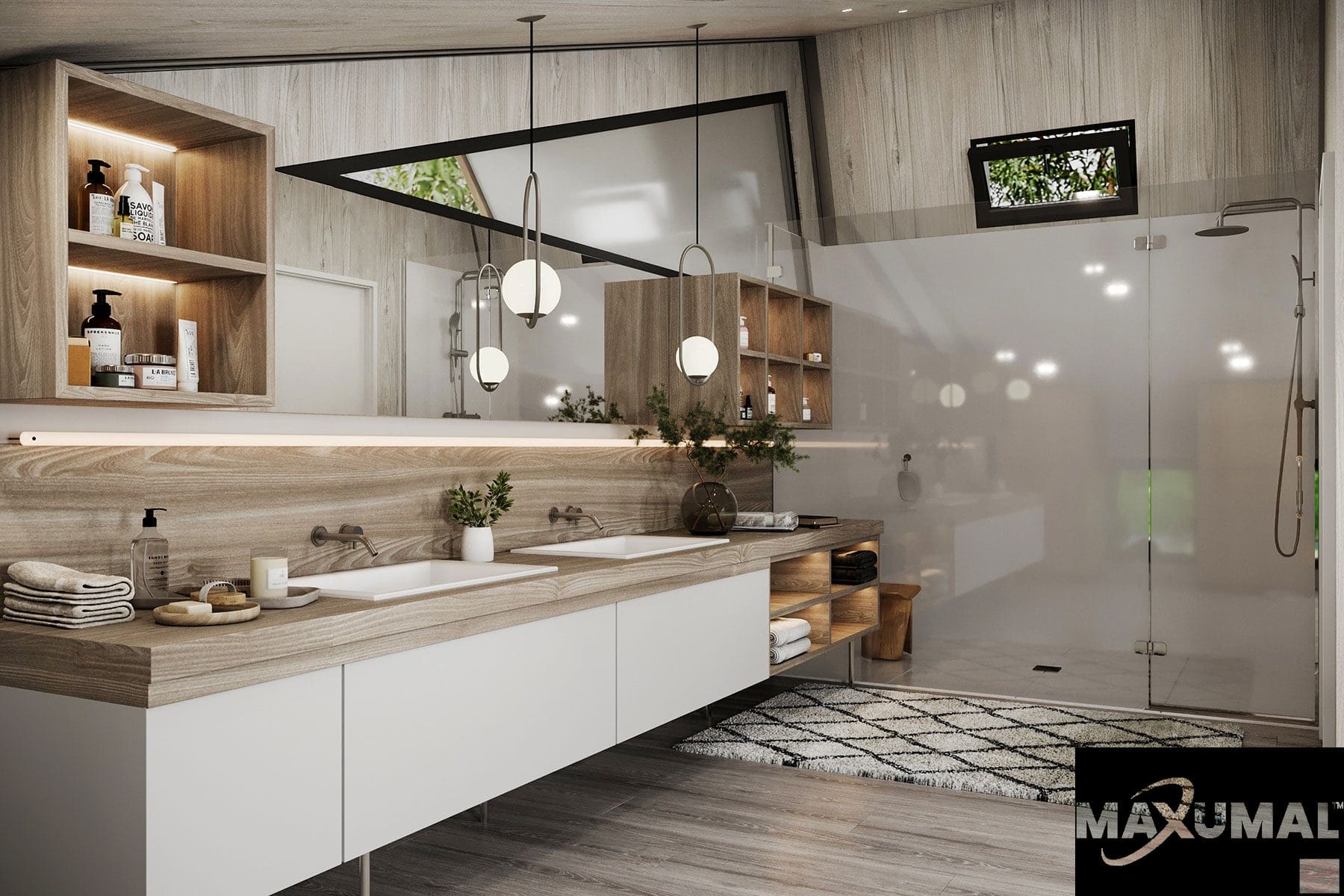 Maxumal interior rendering with kitchen and living area